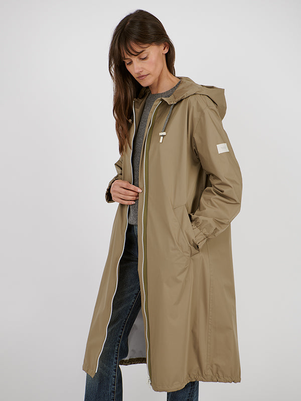 Yves Salomon Long Belted Waterproof Jacket in Mid Khaki