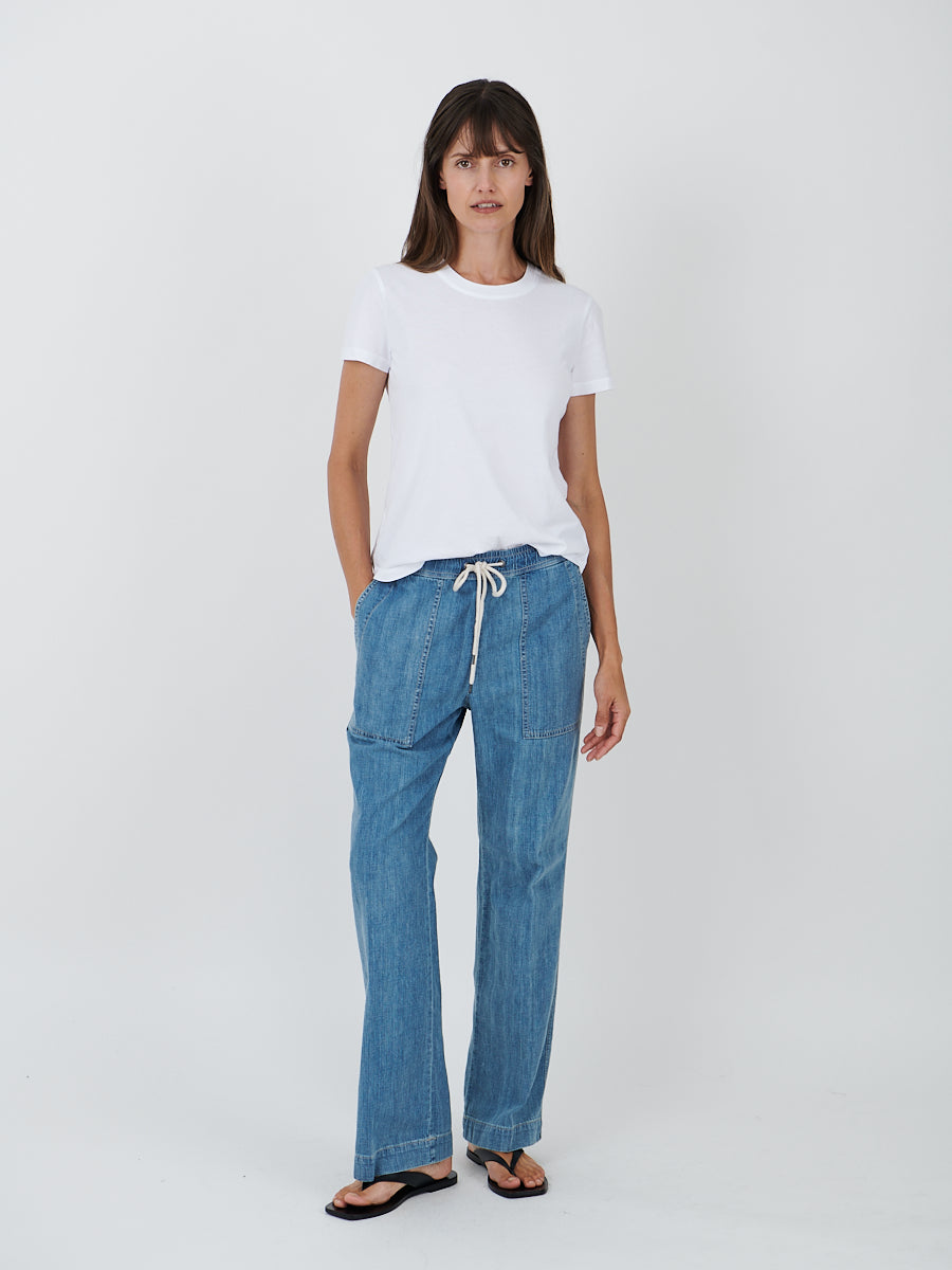 James Perse | Wide Leg Pull On Denim Pant in Mid Bleach Wash