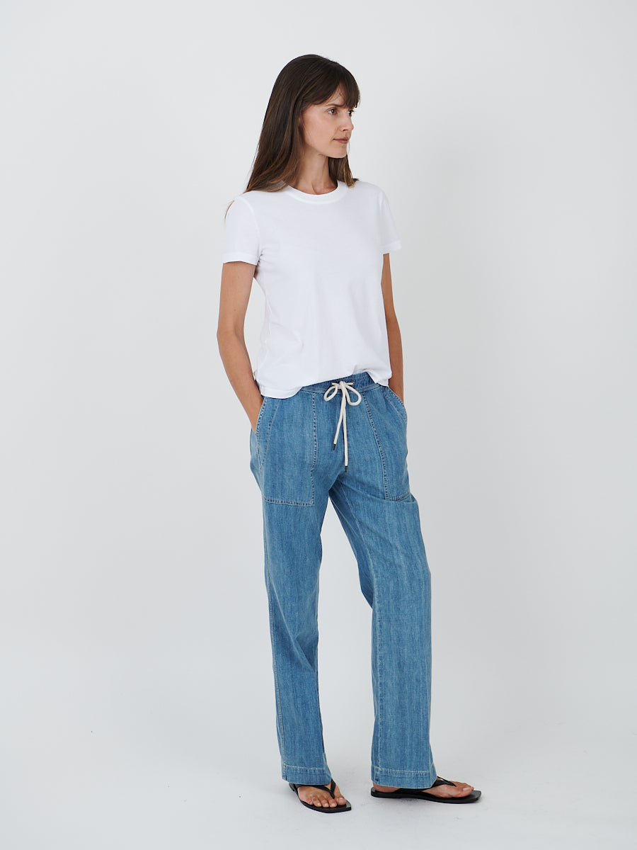 James Perse | Wide Leg Pull On Denim Pant in Mid Bleach Wash