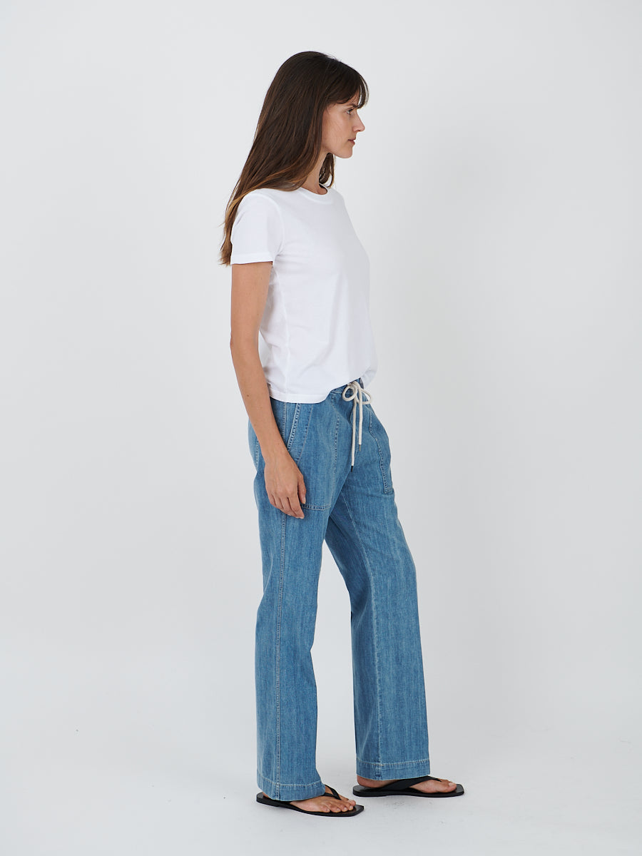 Wide Leg Pull On Denim Pant in Mid Bleach Wash