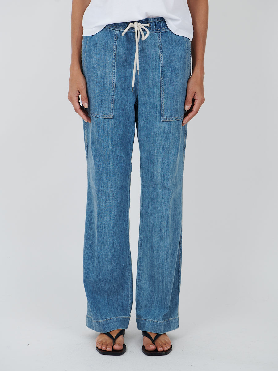 James Perse | Wide Leg Pull On Denim Pant in Mid Bleach Wash