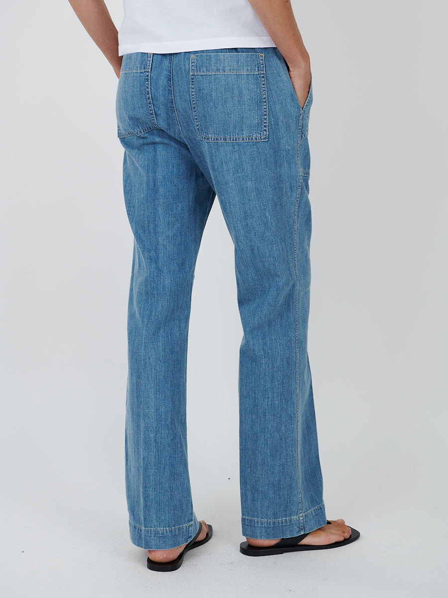 Wide Leg Pull On Denim Pant in Mid Bleach Wash