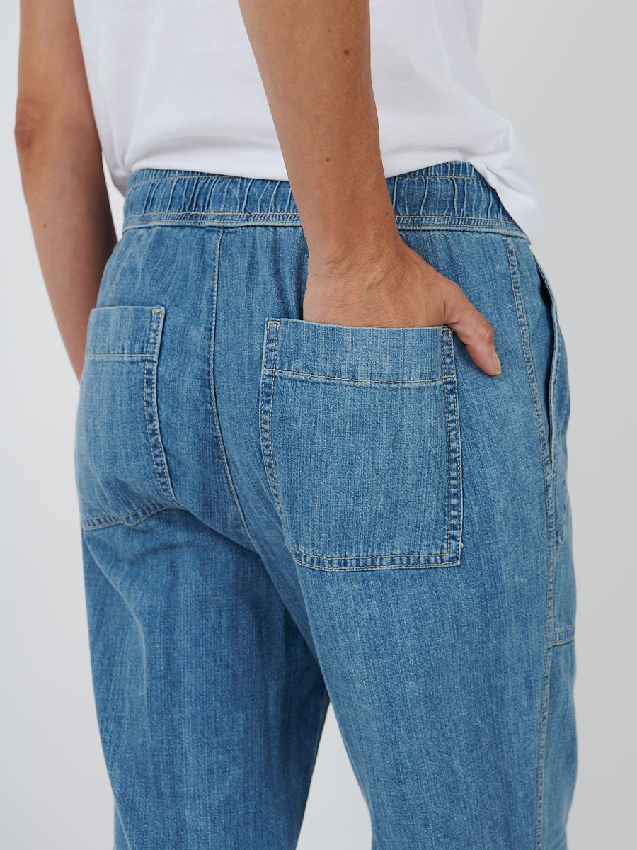 Wide Leg Pull On Denim Pant in Mid Bleach Wash