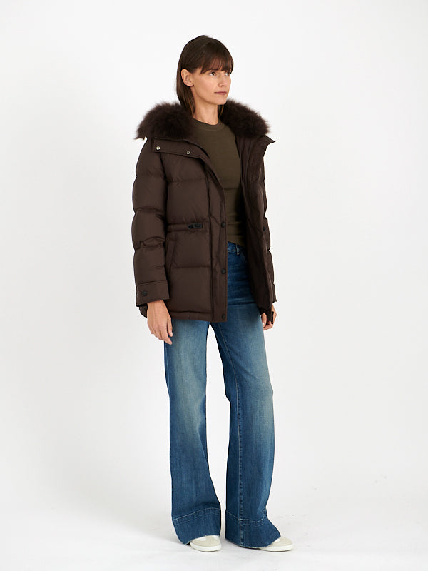 Yves Salomon | Down Coat with Trim in Mocha