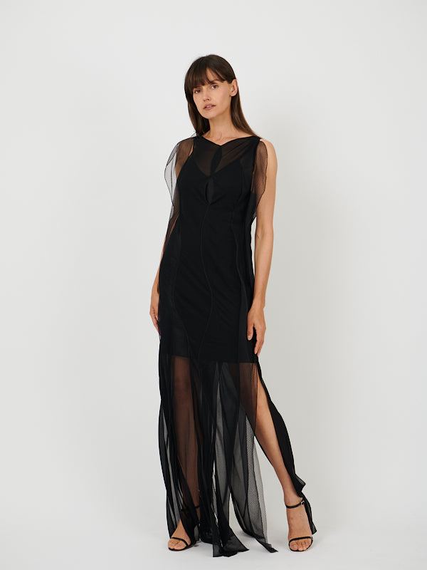 Victoria Beckham | Sheer Wave Panel Floorlength Dress in Black