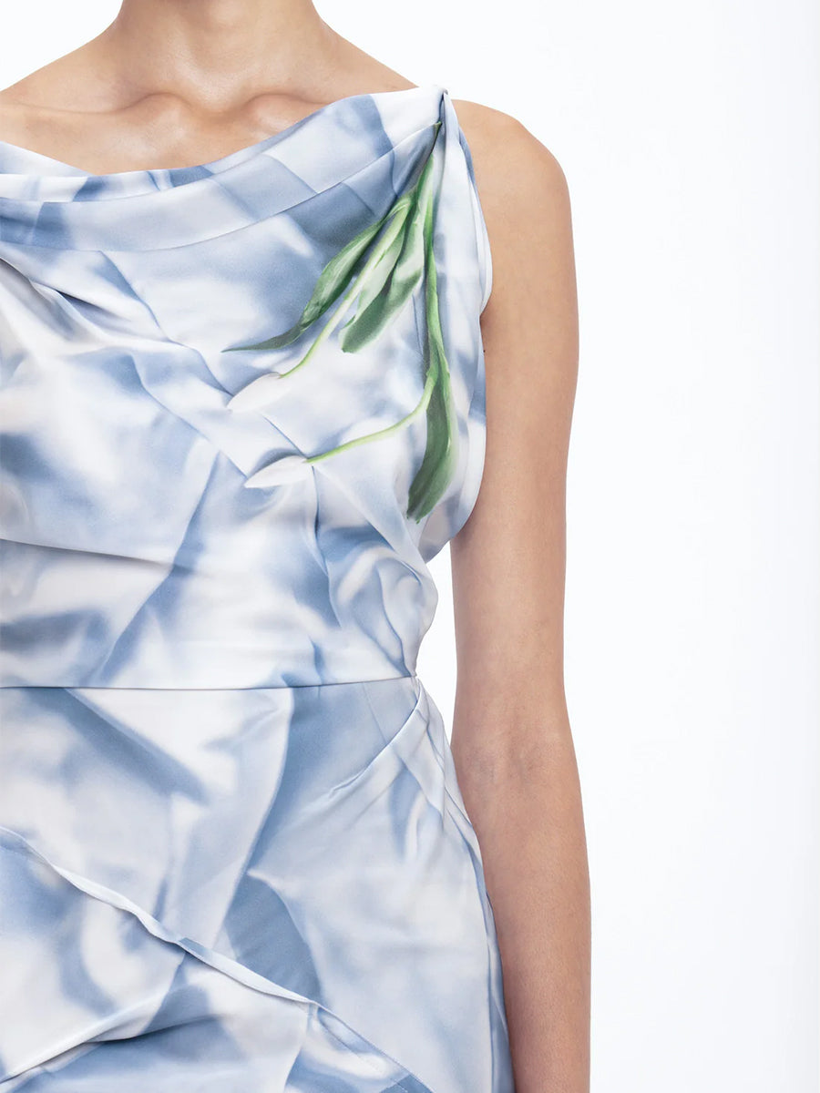 Victoria Beckham | Asymmetric Draped Midi Dress In Ice Blue Satin Flowers