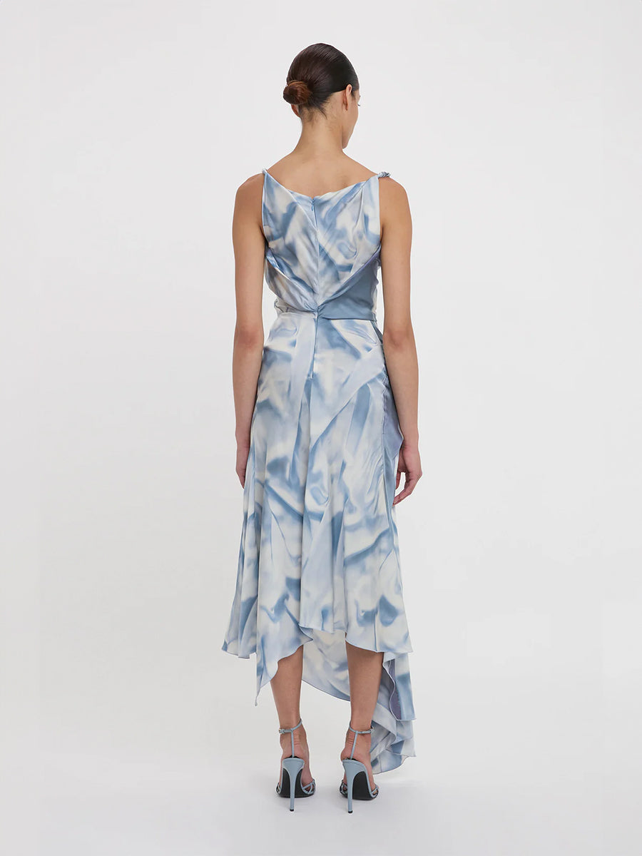 Asymmetric Draped Midi Dress In Ice Blue Satin Flowers