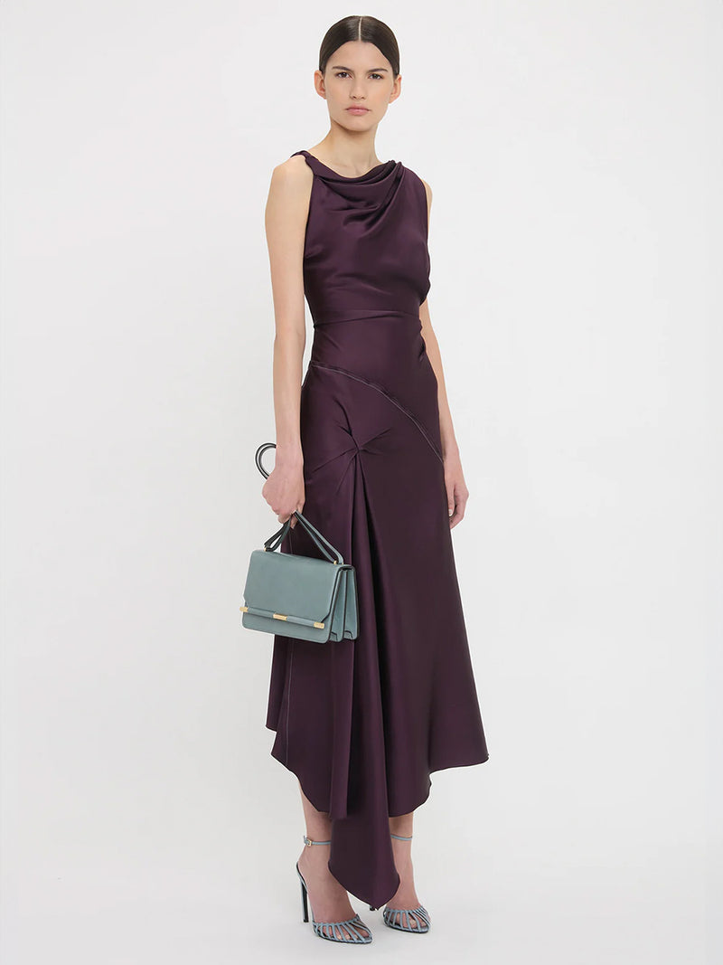 Asymmetric Draped Midi Dress In Fig