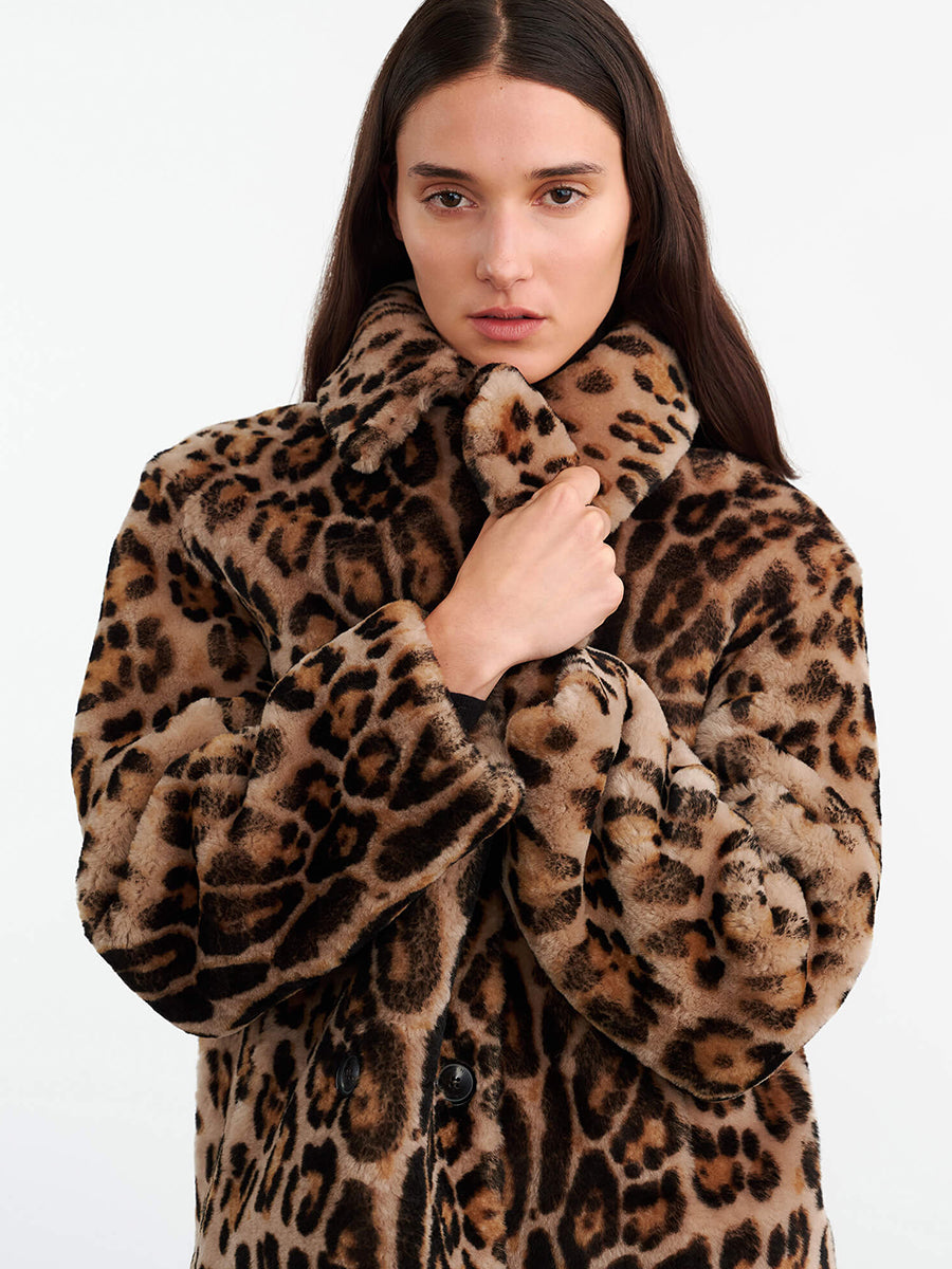 Nili Lotan | Cleophee DB Short Shearling Coat in Leopard Print