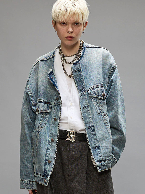 R13 | Collarless Trucker Jacket in Caxton Blue