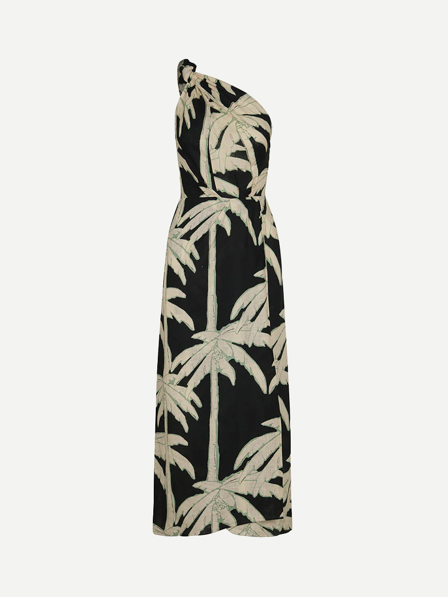 Johanna Ortiz  Dark Palms Ankle Dress in Salty Palms Black, Ecru & Mint