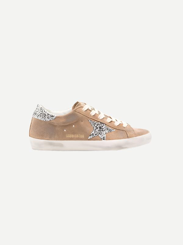 Golden Goose | Distressed Suede Glitter Super Star in Tan