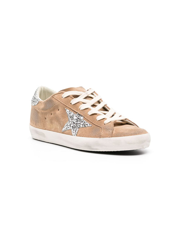 Golden Goose | Distressed Suede Glitter Super Star in Tan