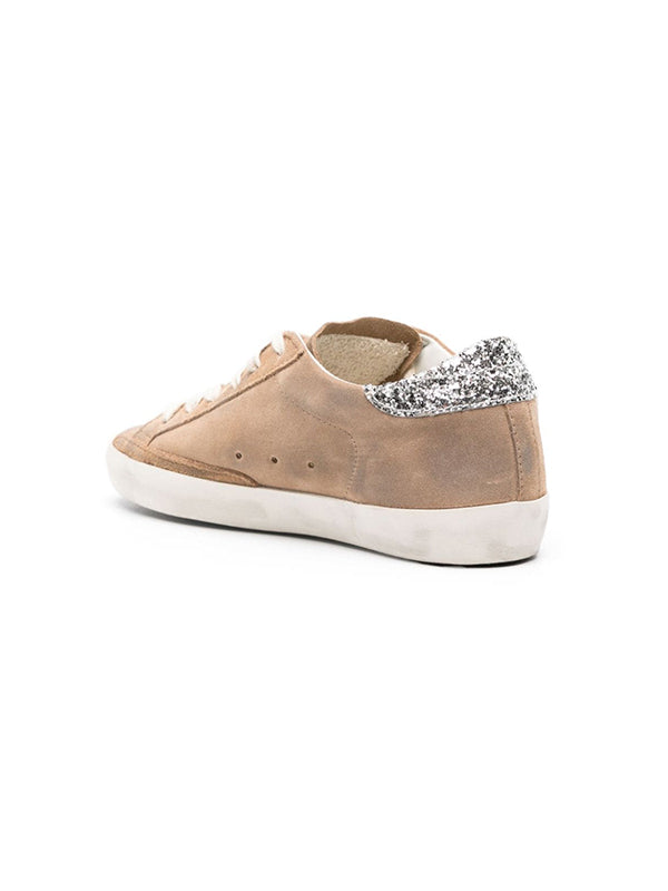 Golden Goose | Distressed Suede Glitter Super Star in Tan