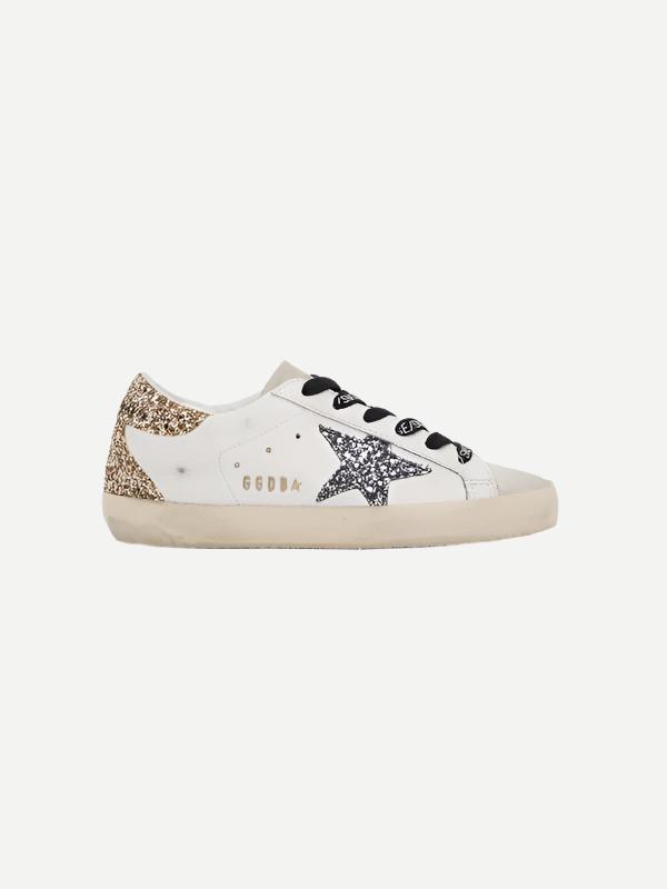 Golden Goose | Super-Star Sneakers in Gold and Grey Glitter