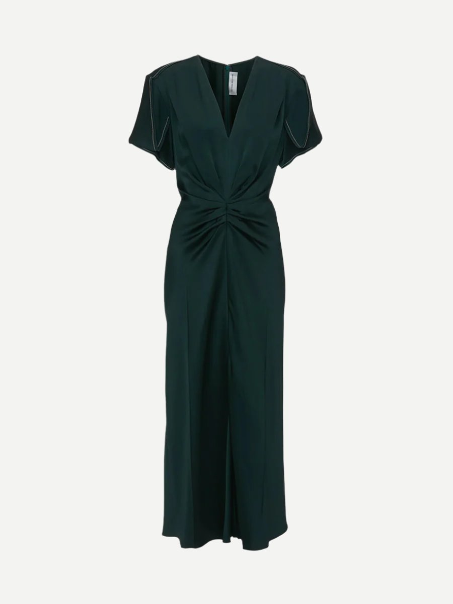 Victoria Beckham | Gathered V Neck Midi Dress in Seaweed