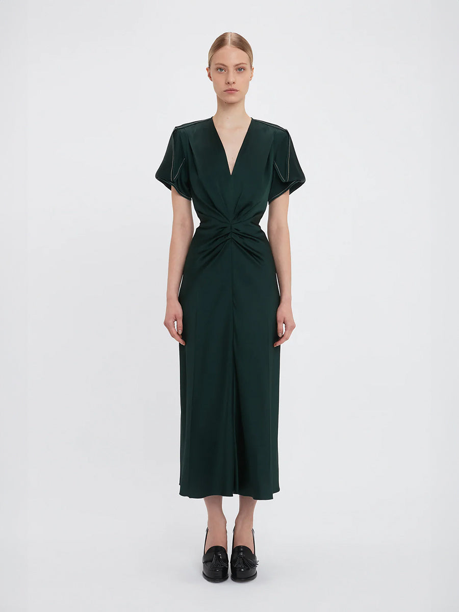 Victoria Beckham | Gathered V Neck Midi Dress in Seaweed