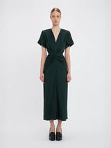 Victoria Beckham | Gathered V Neck Midi Dress in Seaweed