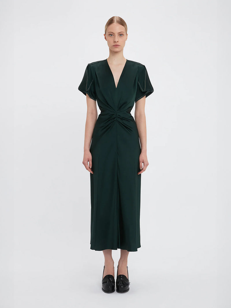 Victoria Beckham | Gathered V Neck Midi Dress in Seaweed