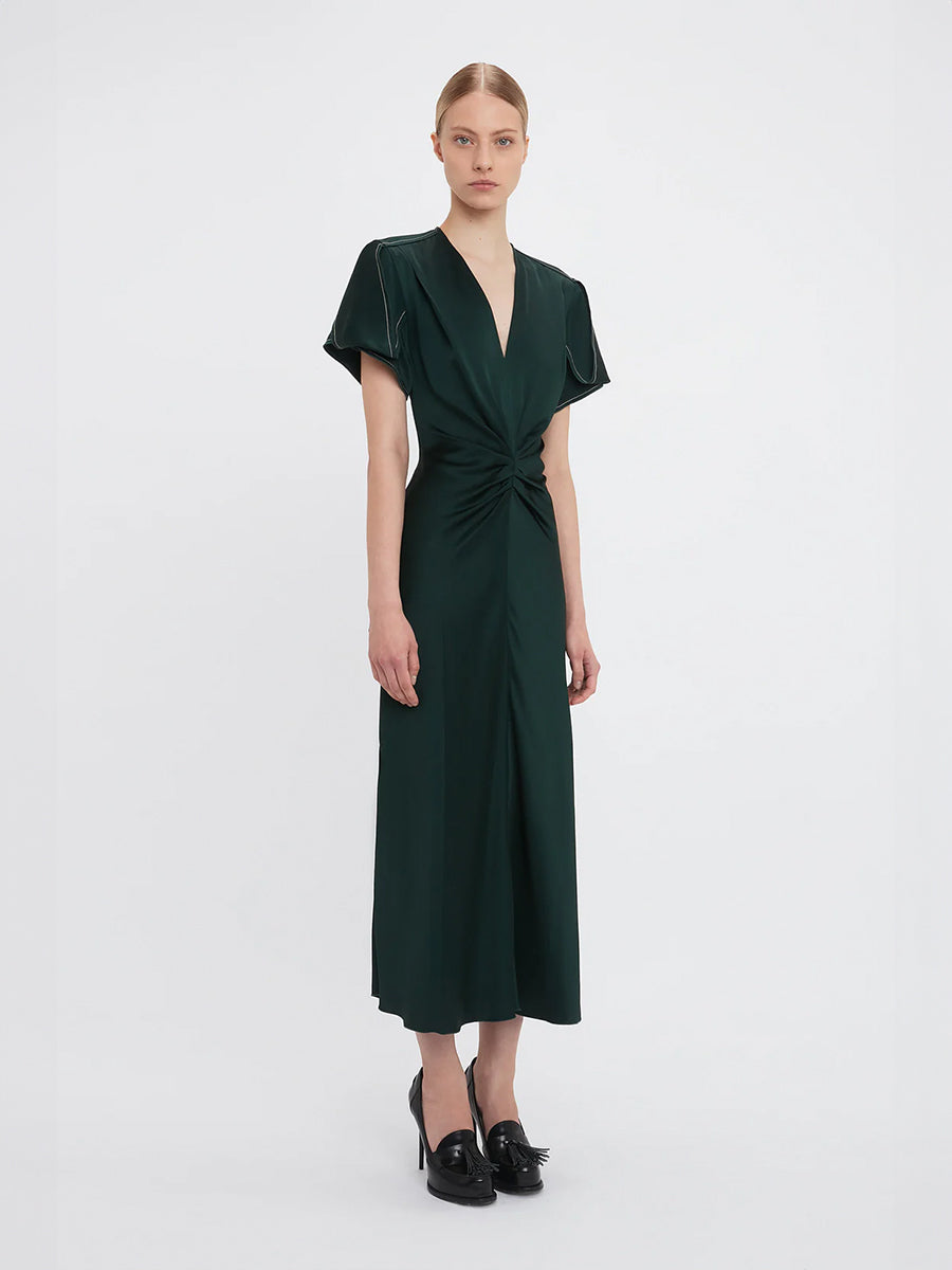 Gathered V Neck Midi Dress in Seaweed