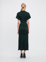 Gathered V Neck Midi Dress in Seaweed