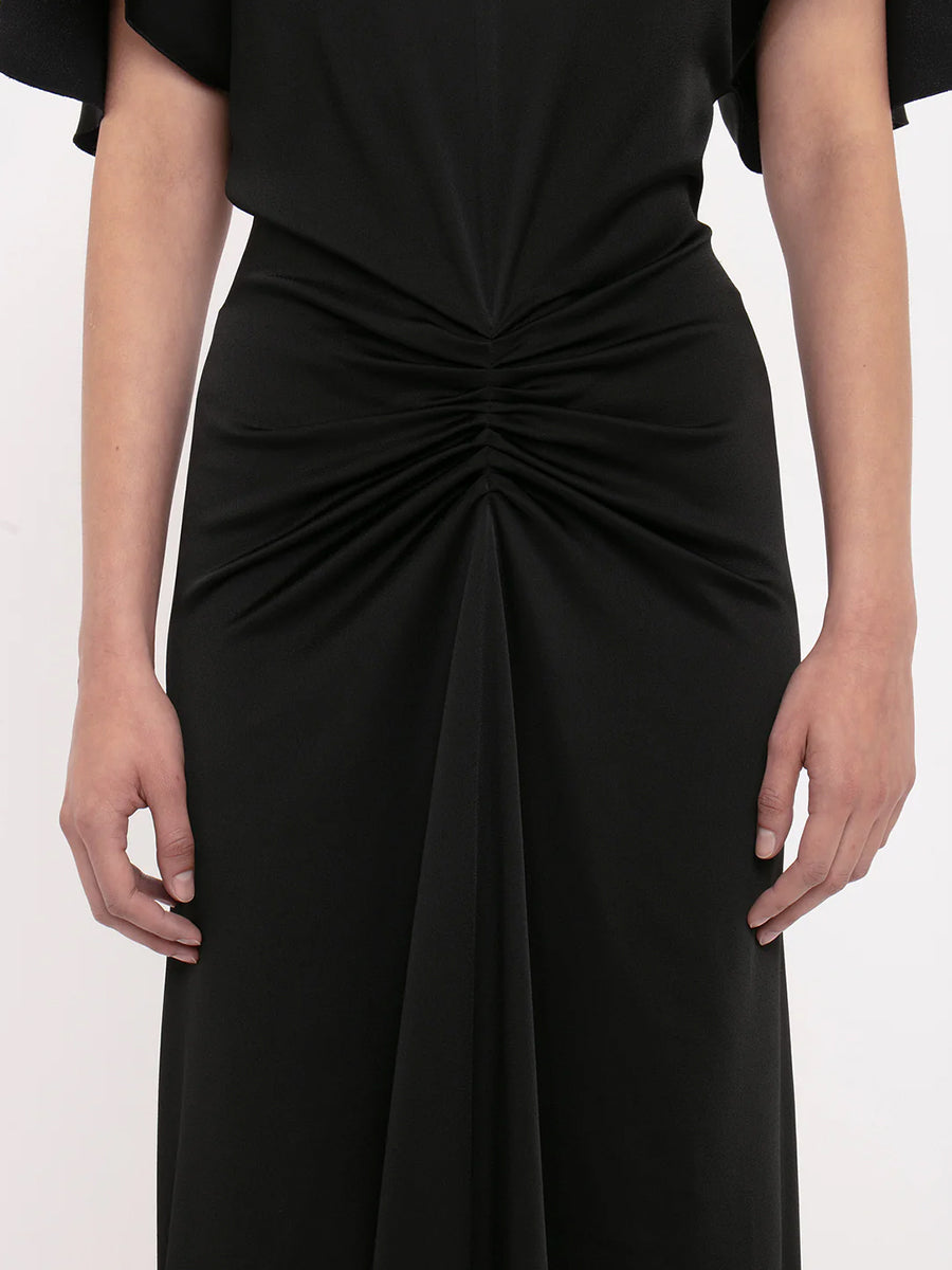 Gathered Waist Floor Length Dress in Black