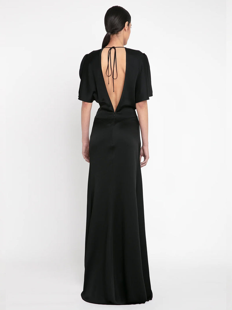 Gathered Waist Floor Length Dress in Black