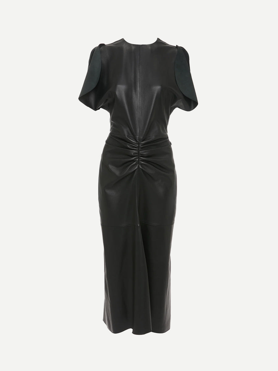 Victoria Beckham Gathered Waist Leather Midi Dress in Black