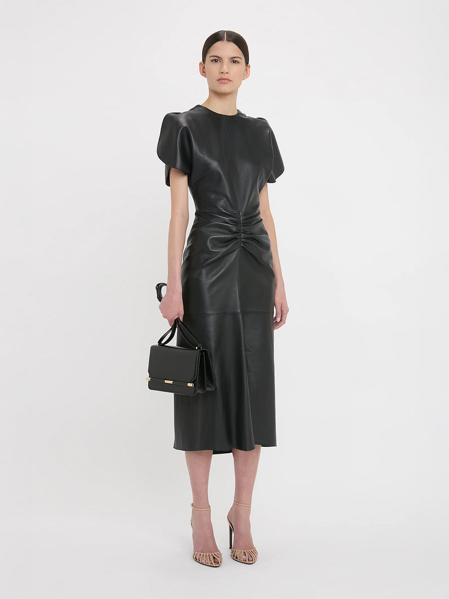 Victoria Beckham Gathered Waist Leather Midi Dress in Black