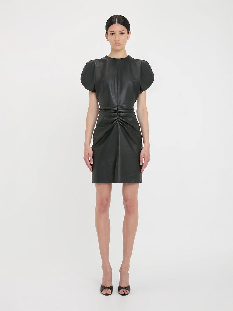 Gathered Waist Leather Mini Dress in Black