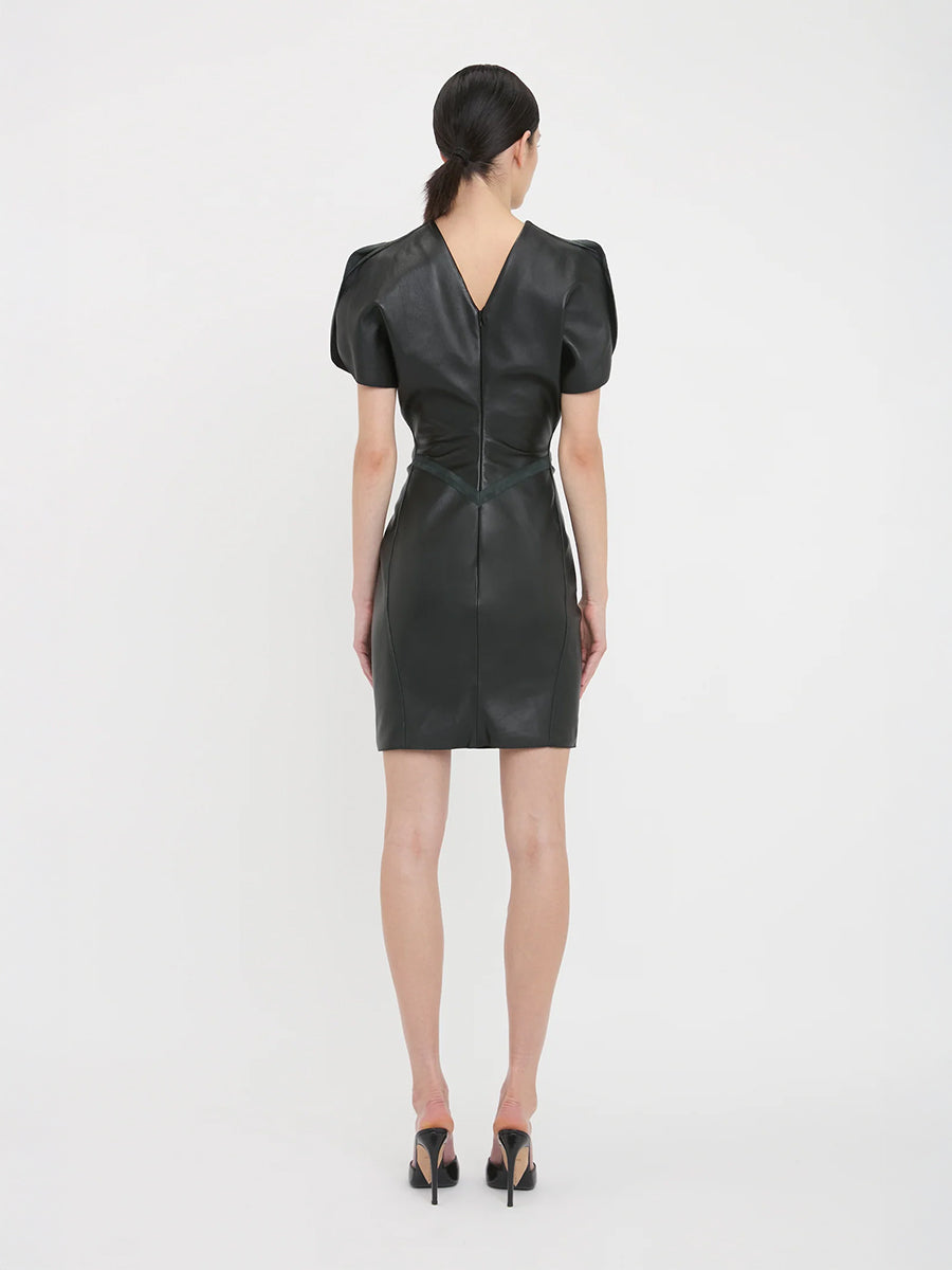 Gathered Waist Leather Mini Dress in Black