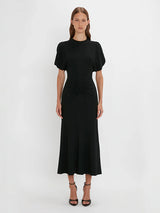 Victoria Beckham | Gathered Waist Midi Dress in Black