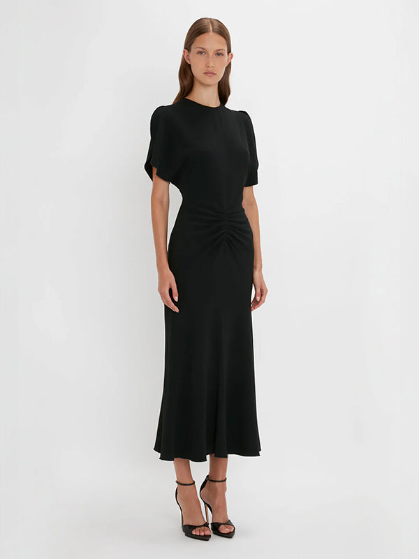 Victoria Beckham | Gathered Waist Midi Dress in Black