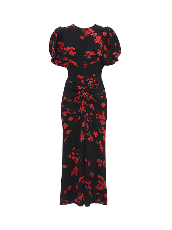 Victoria Beckham | Gathered Waist Midi Dress in Floral Black