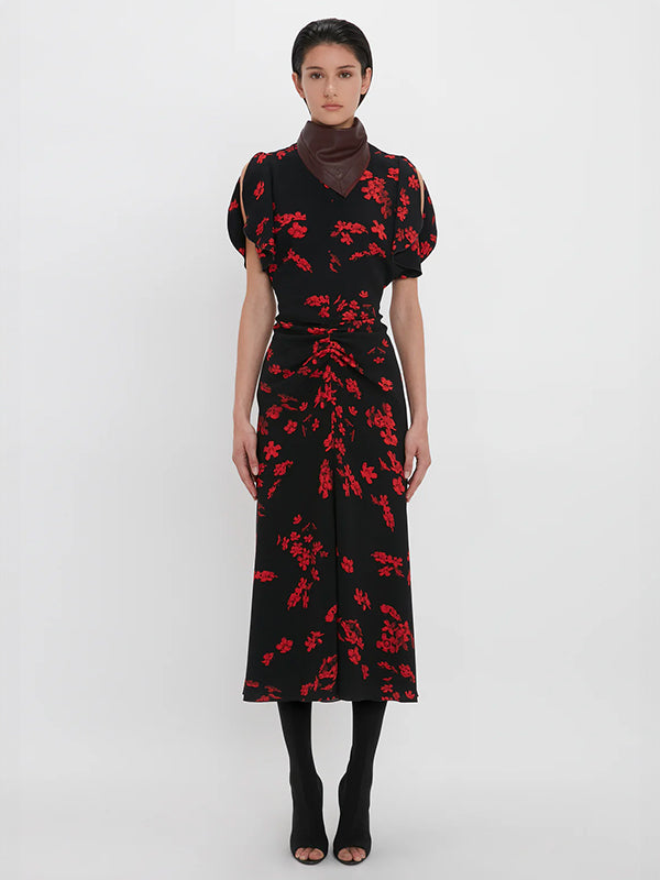 Victoria Beckham | Gathered Waist Midi Dress in Floral Black