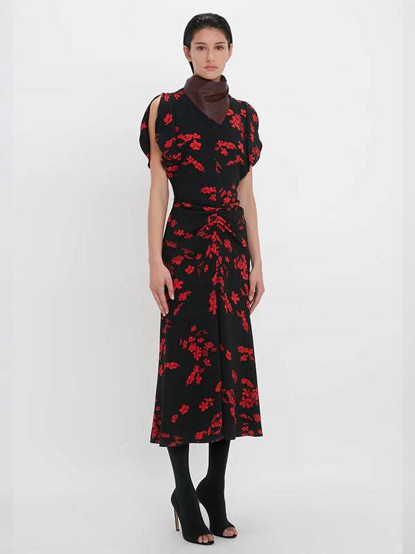 Victoria Beckham | Gathered Waist Midi Dress in Floral Black