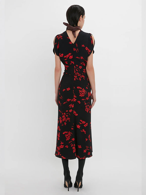 Victoria Beckham | Gathered Waist Midi Dress in Floral Black