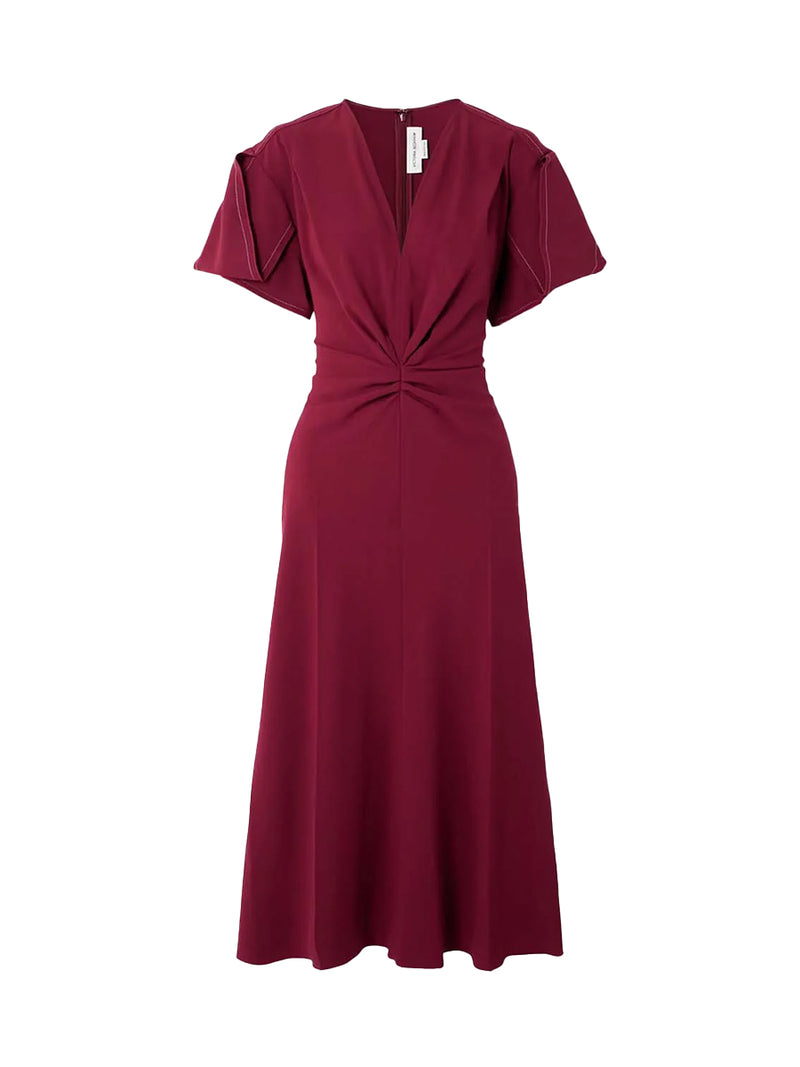 Victoria Beckham | Gathered V-Neck Midi Dress in Oxblood