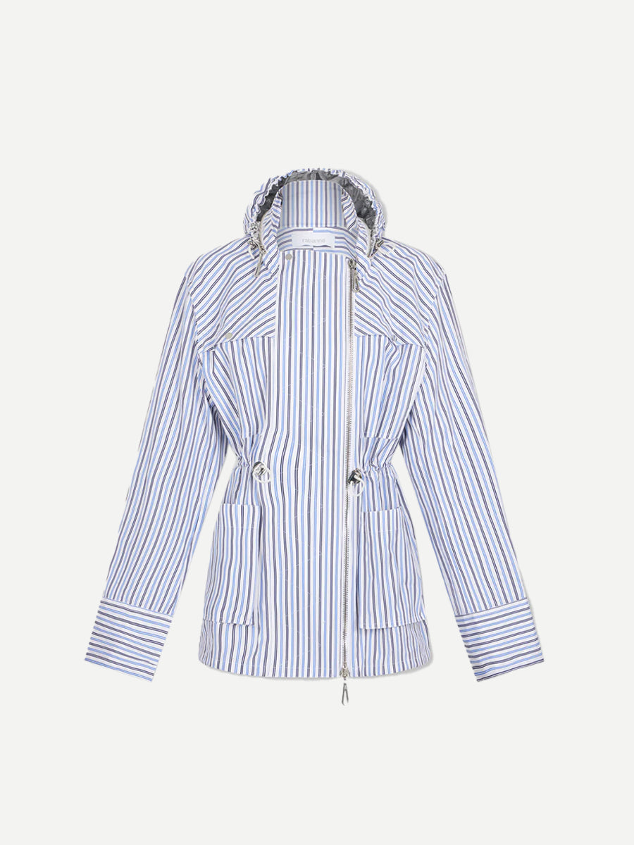 Rabanne | Hooded Poplin Parka in Stripe with Silver