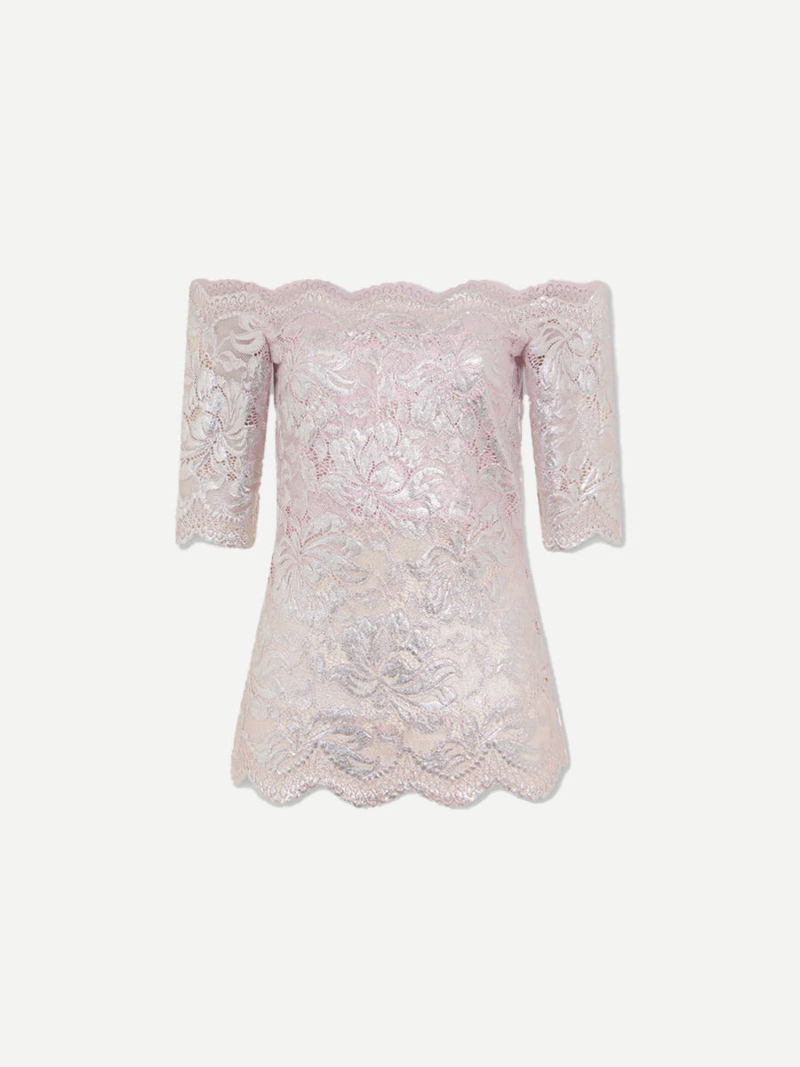 Rabanne | Lace Short Sleeve Top in Powder Pink