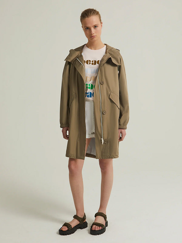 Yves Salomon Long Fishtail Waterproof Parka in Mid Khaki