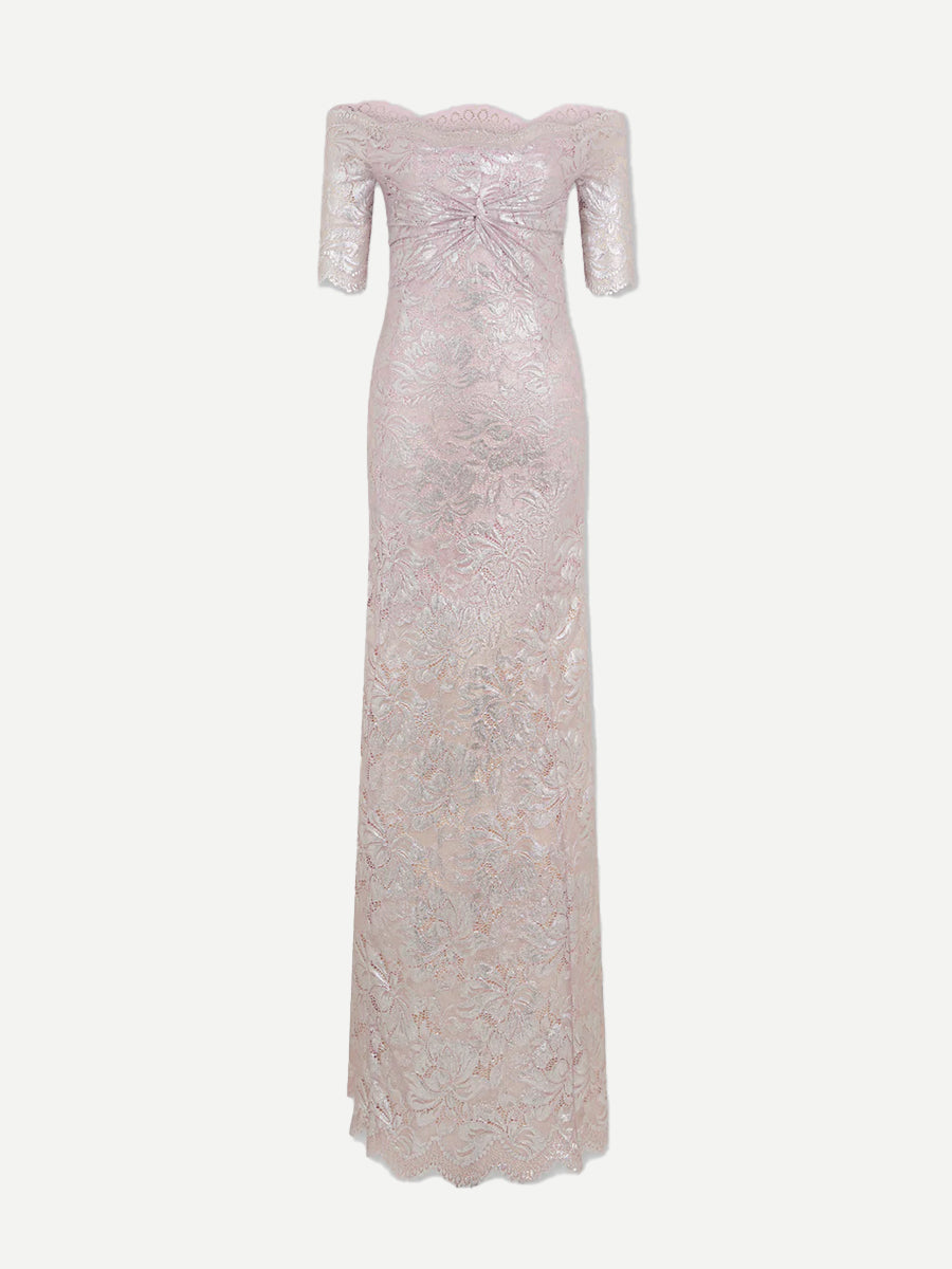 Rabanne | Long Lace Dress with Short Sleeves Pink Powder