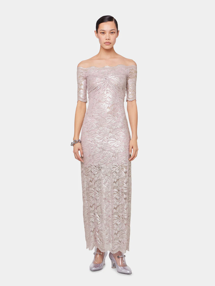 Rabanne | Long Lace Dress with Short Sleeves Pink Powder