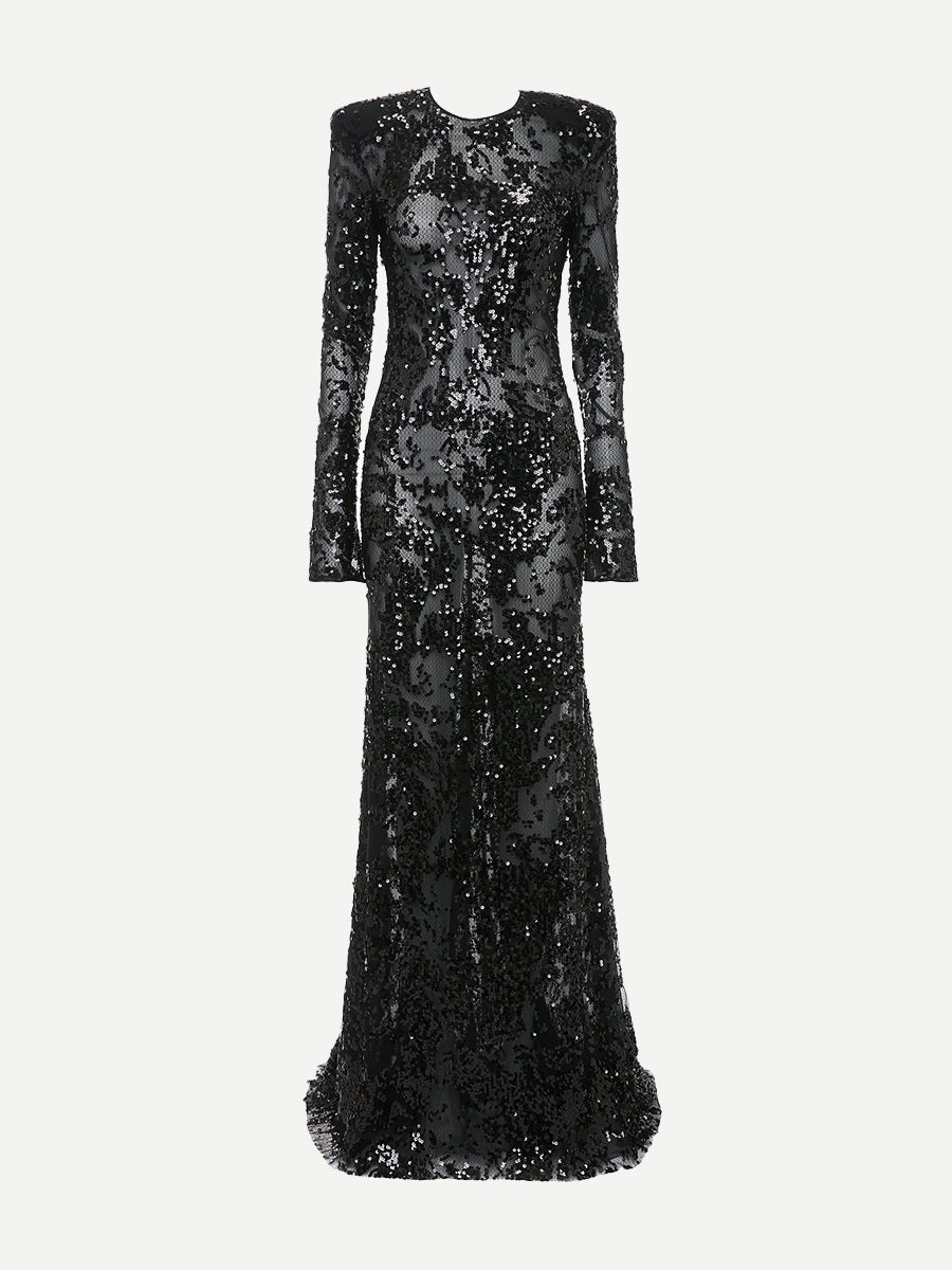 Victoria Beckham | Long Sleeve Backless Sequin Gown in Black