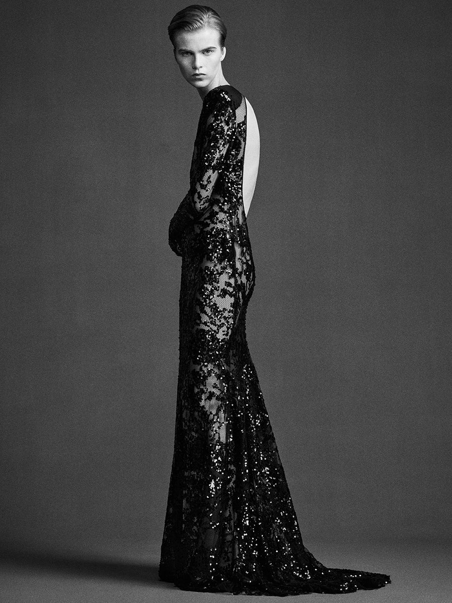 Victoria Beckham | Long Sleeve Backless Sequin Gown in Black