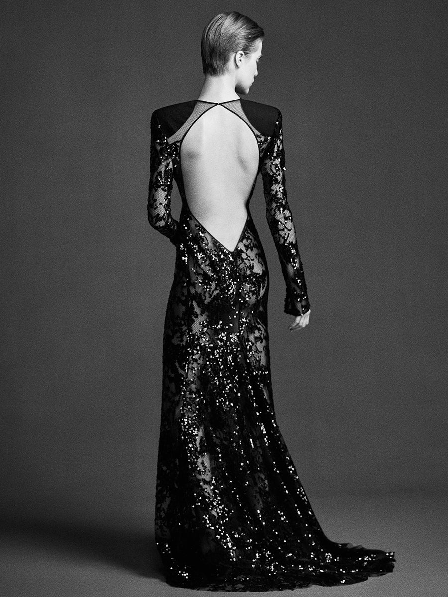 Victoria Beckham | Long Sleeve Backless Sequin Gown in Black