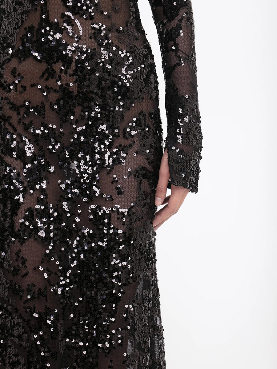 Long Sleeve Backless Sequin Gown in Black