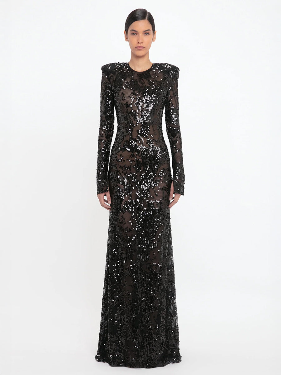 Long Sleeve Backless Sequin Gown in Black