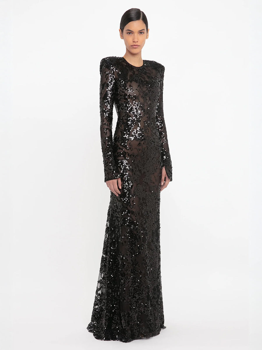 Victoria Beckham | Long Sleeve Backless Sequin Gown in Black