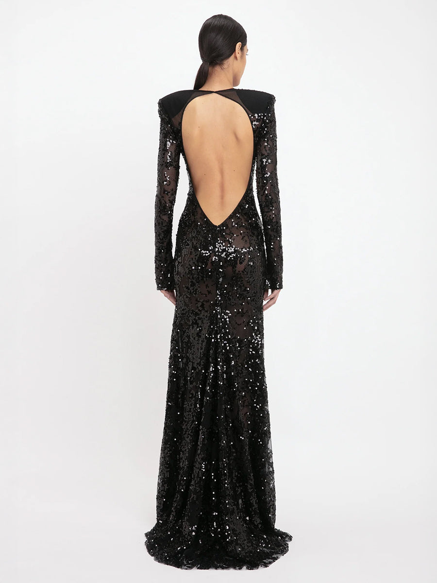 Victoria Beckham | Long Sleeve Backless Sequin Gown in Black